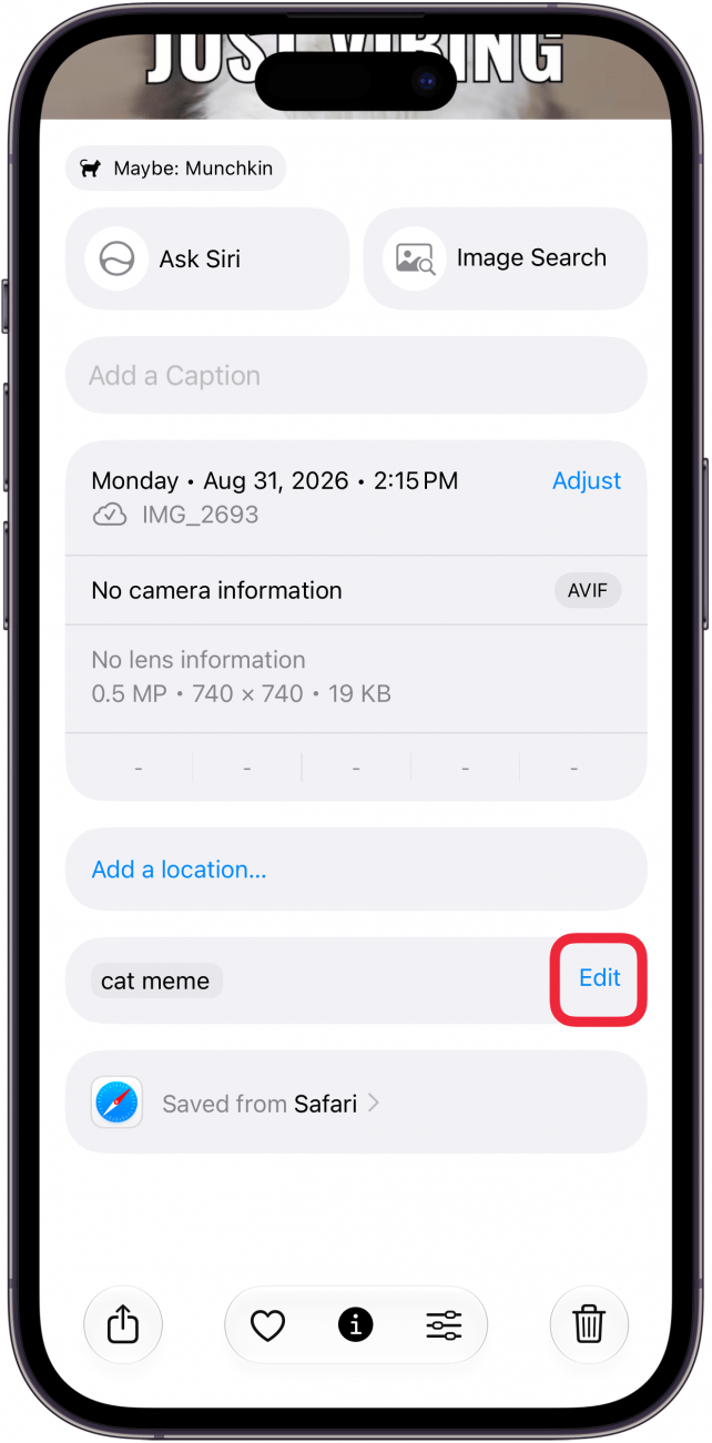a screenshot of photo metadata on iphone with a red box around the edit button next to the keywords