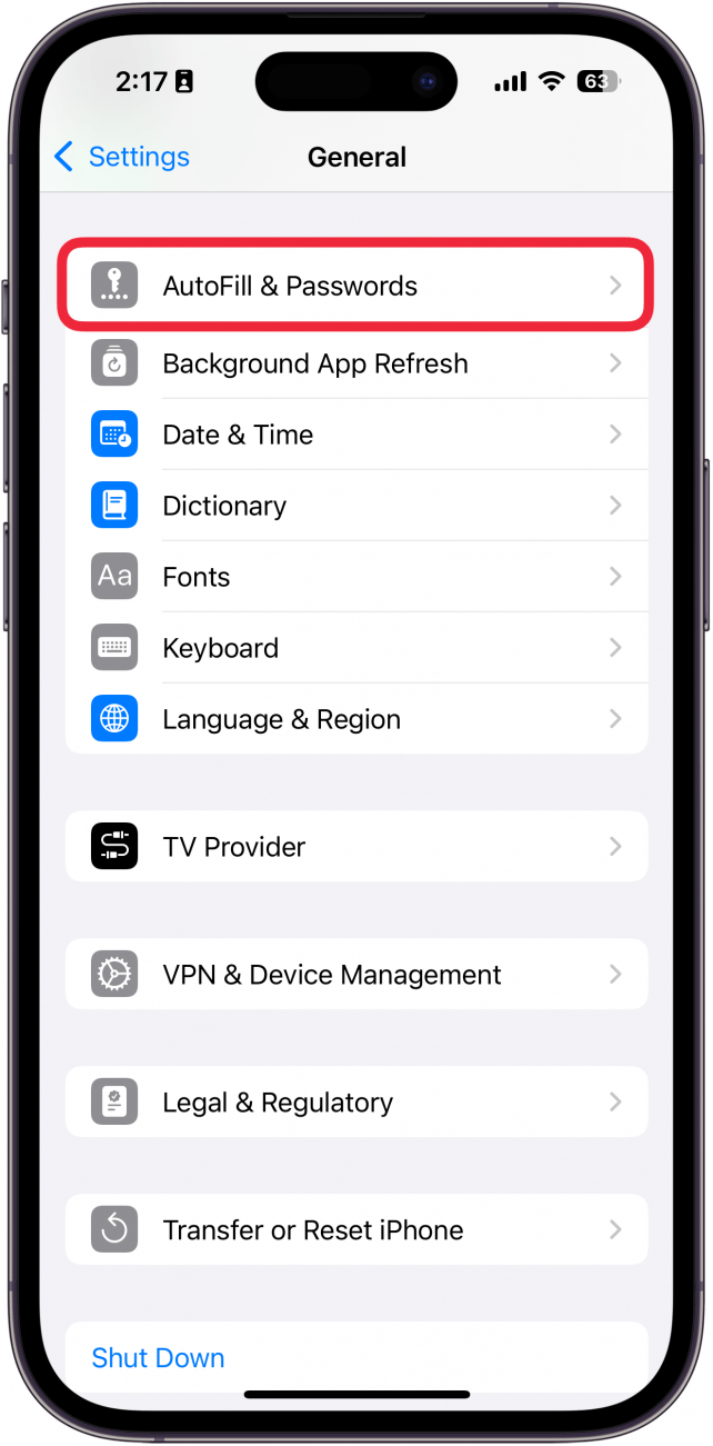 iphone general settings with a red box around autofill & passwords