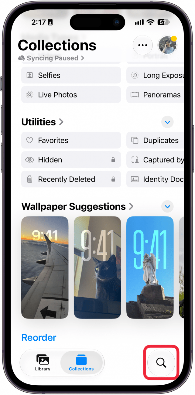 a screenshot of the photos app on iphone with a red box around the search icon