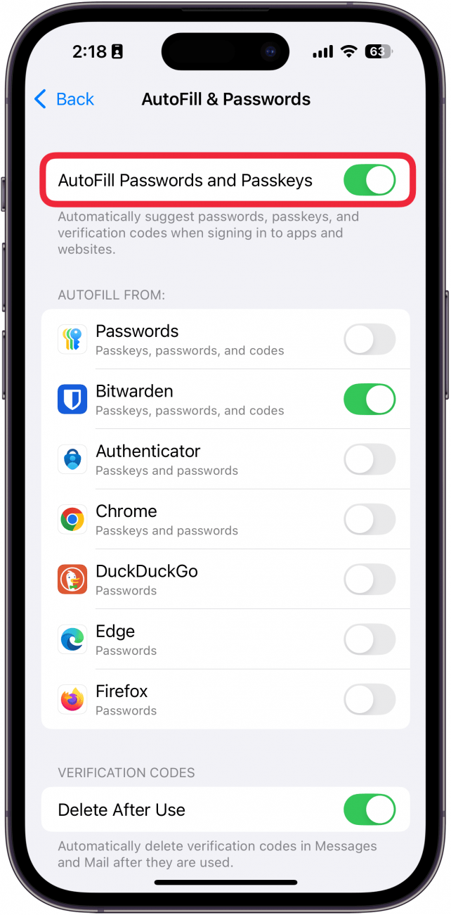 iphone autofill & passwords settings with a red box around autofill passwords and passkeys