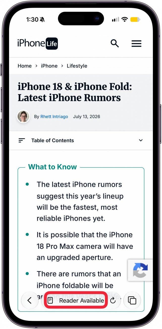 Reader Mode available message