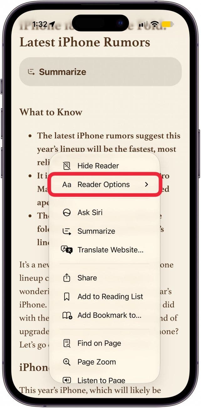 Reader Mode options