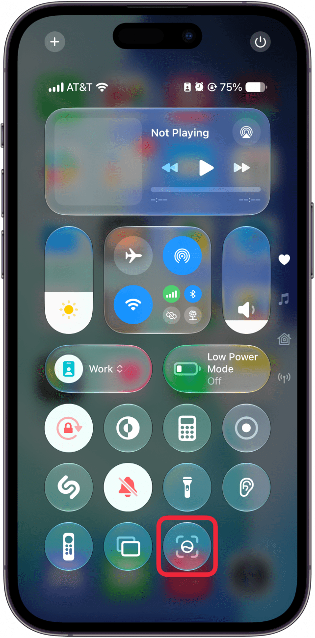 a screenshot of the iphone control center with a red box around the visual intelligence button