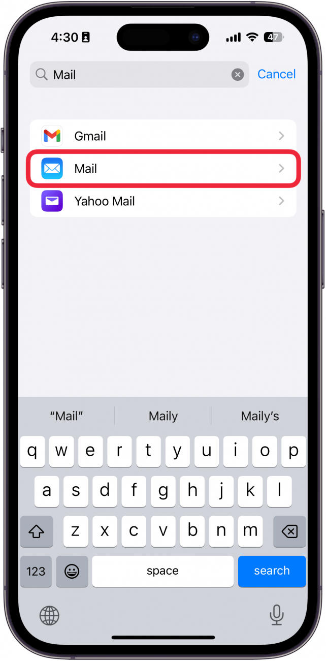 iphone app settings with a red box around mail app