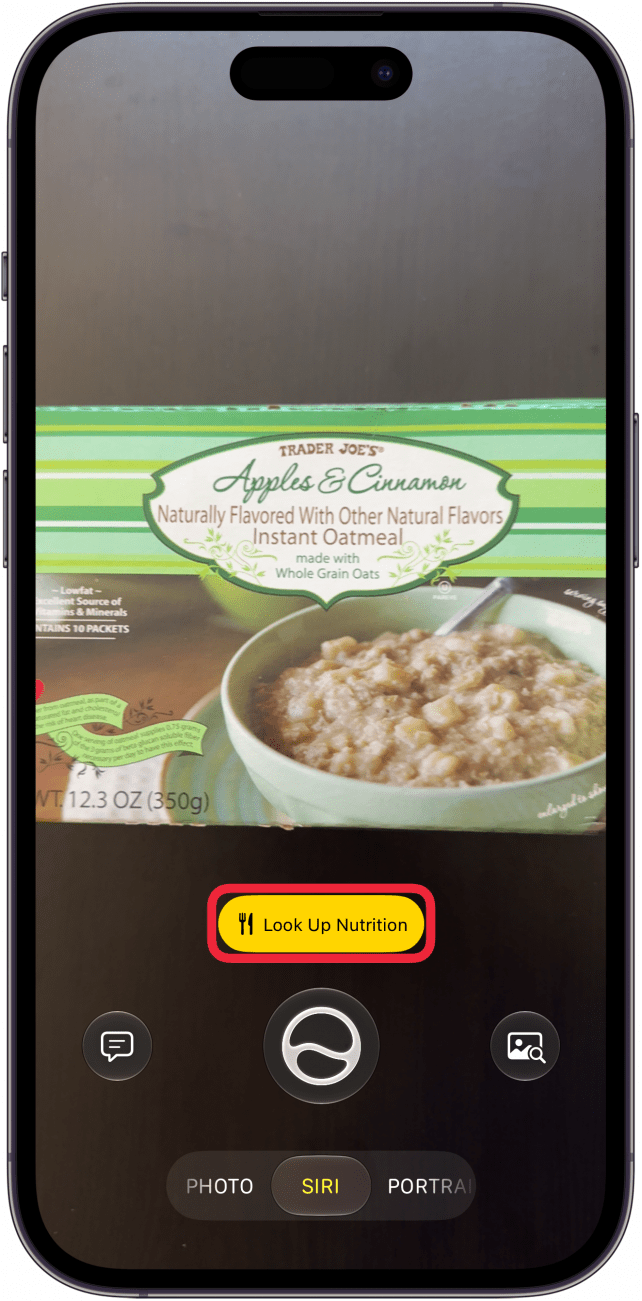 a screenshot of visual intelligence scanning a box of oatmeal with a red box around a look up nutrition button