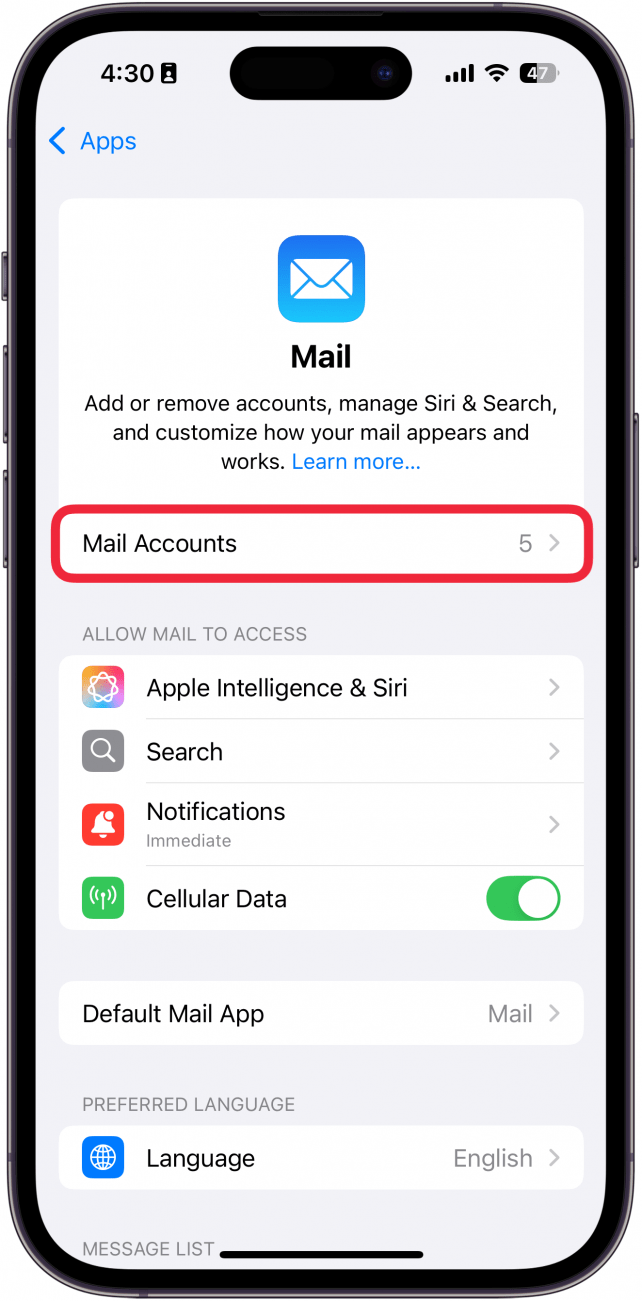 iphone mail app settings with a red box around mail accounts