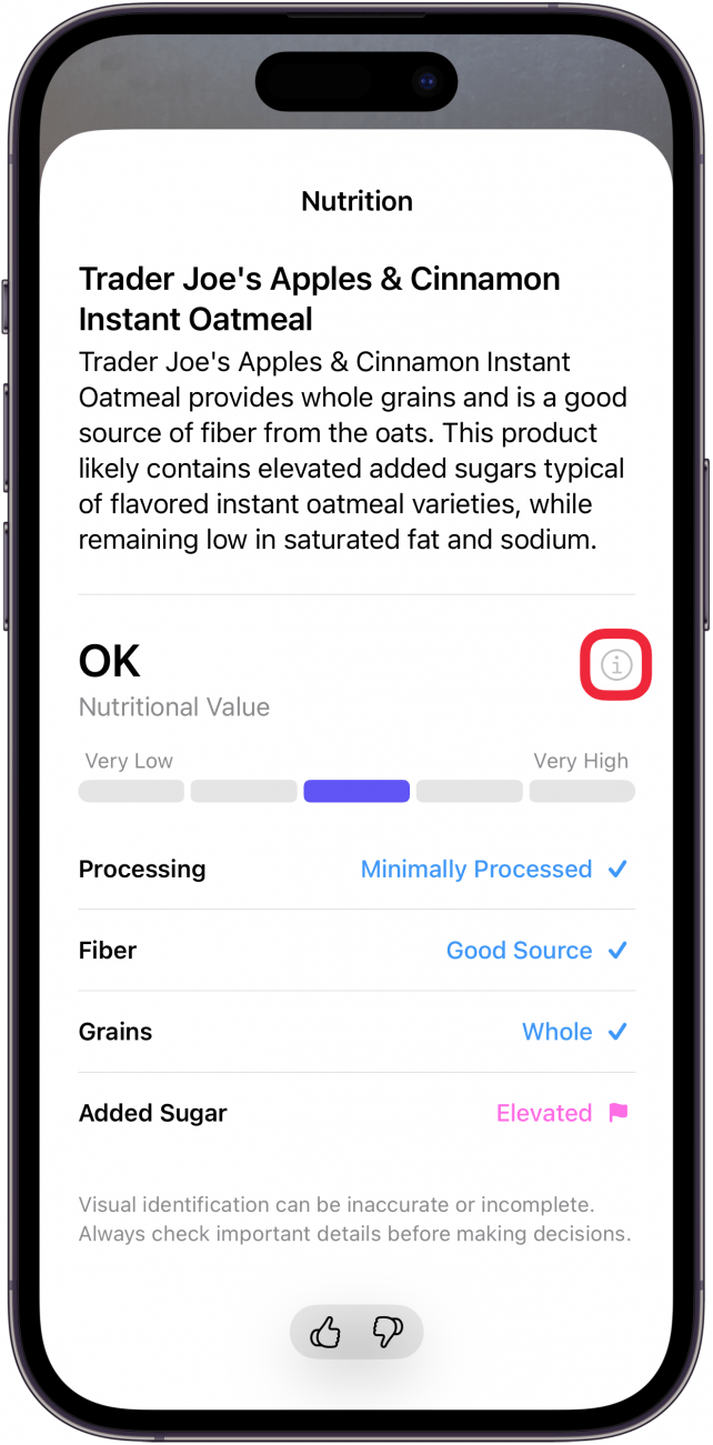 a screenshot of visual intelligence on iphone displaying nutrition information for a box of oatmeal with a red box around an info icon