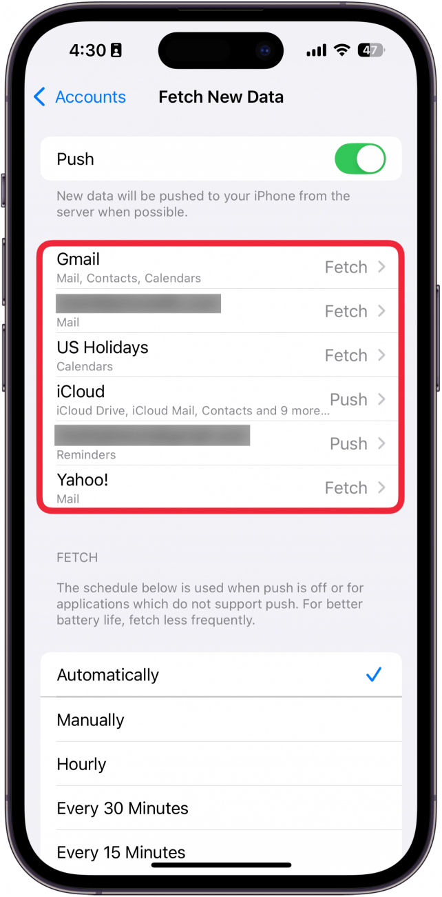 iphone mail fetch settings with accounts circled in red