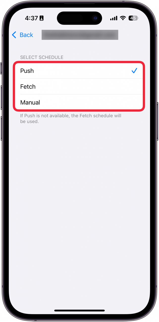 iphone fetch settings for a specific account with the following options circled in red: push, fetch, and manual