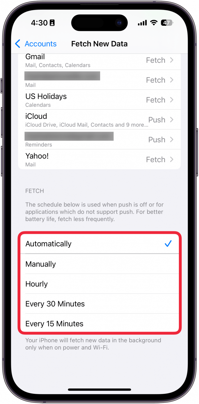 iphone mail fetch settings with fetch frequency options circled in red