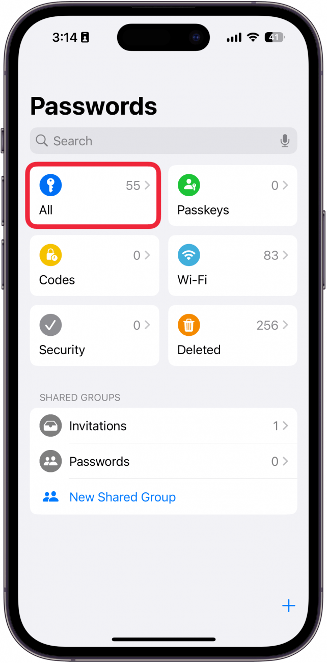 iphone passwords app with a red box around all