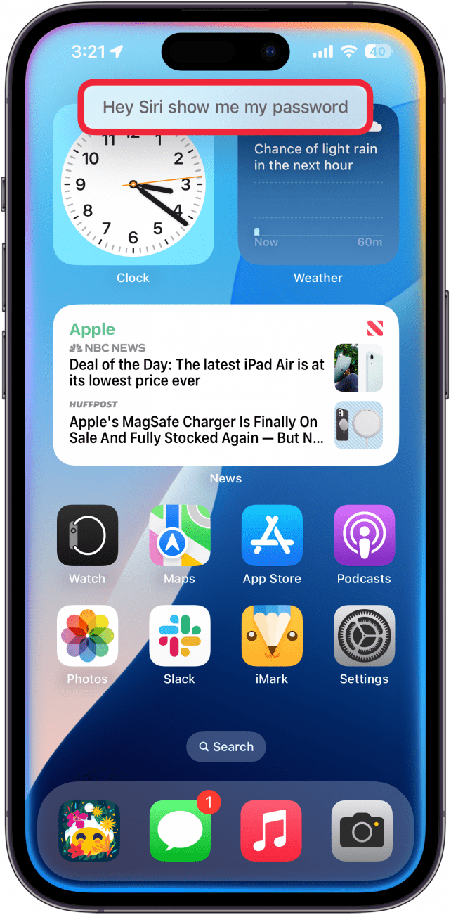 iphone home screen displaying siri interface with a red box around siri request which reads, "hey siri show me my passwords"
