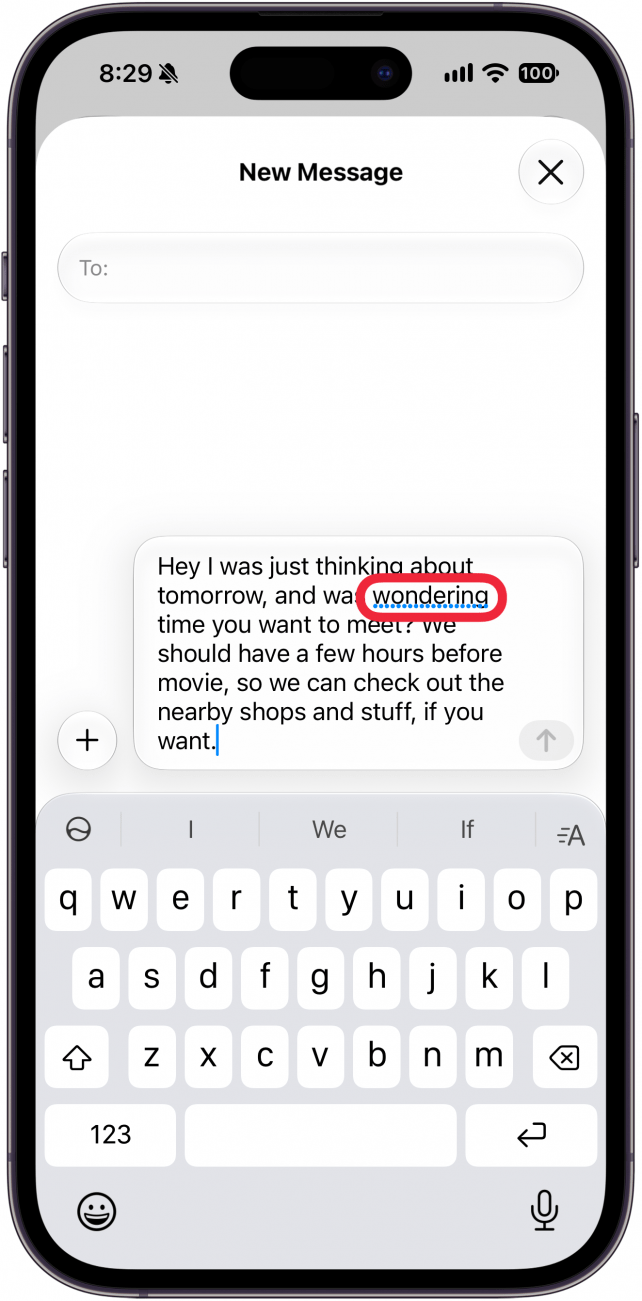 a screenshot of the new text screen on iphone. a message has been written out but there is a dotted blue line under a word. there is a red box around this word