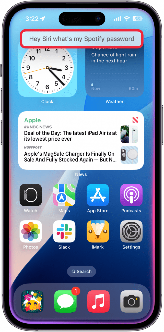 iphone home screen displaying siri interface with a red box around siri request which reads, "hey siri what's my spotify password"