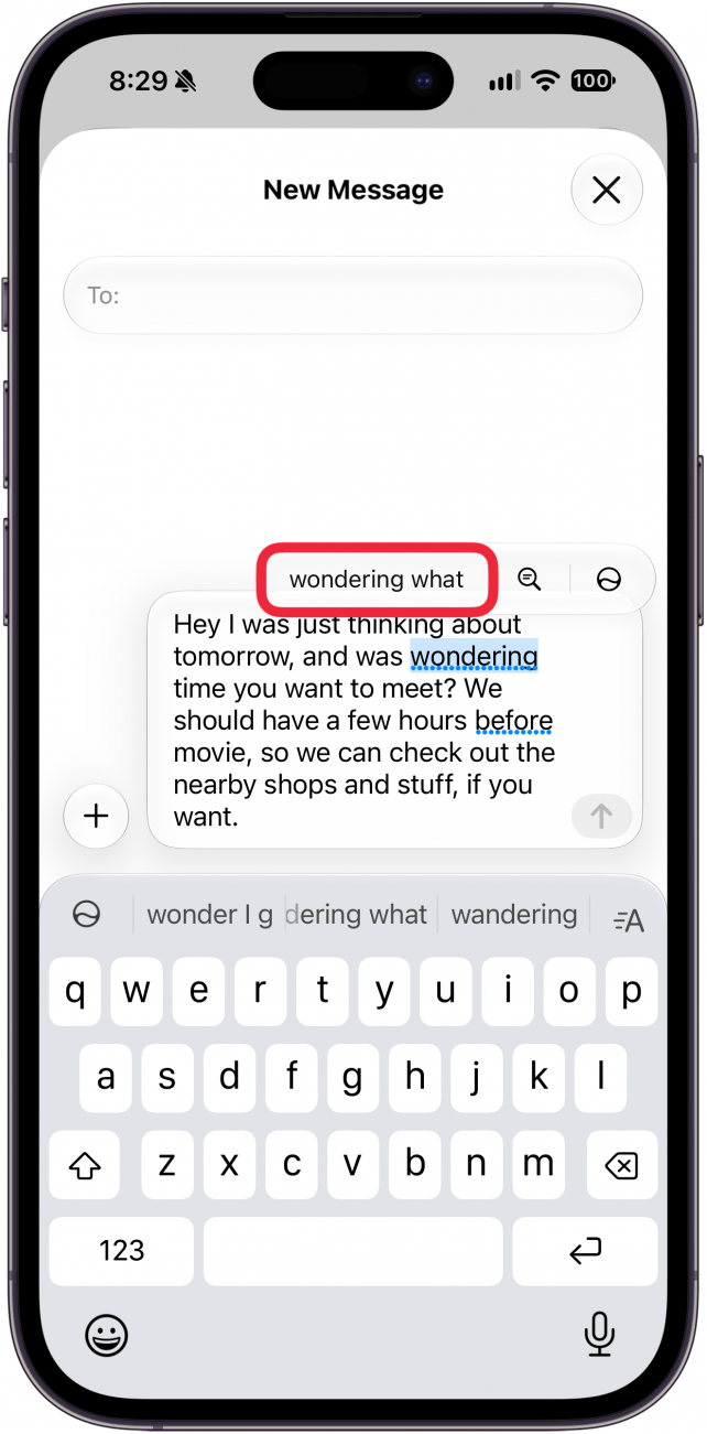 a screenshot of the new text screen on iphone. a message has been written out but there is a dotted blue line under a word. a new menu has appeared above the word with a suggestion on fixing a typo. there is a red box around the suggestion