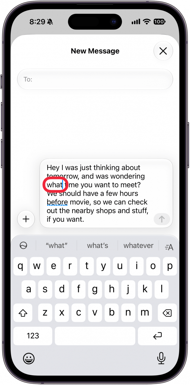 a screenshot of the new text screen on iphone. a message has been written out and there is a red box around one of the newly corrected words