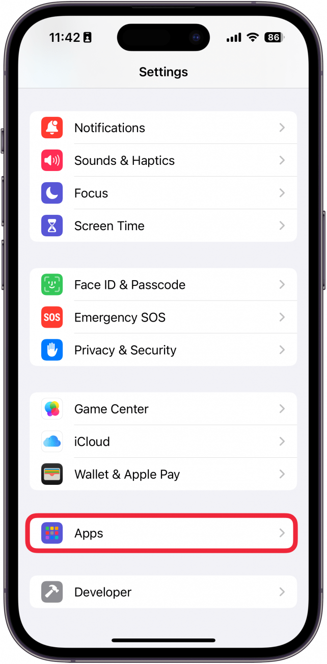 iphone settings with apps option circled in red