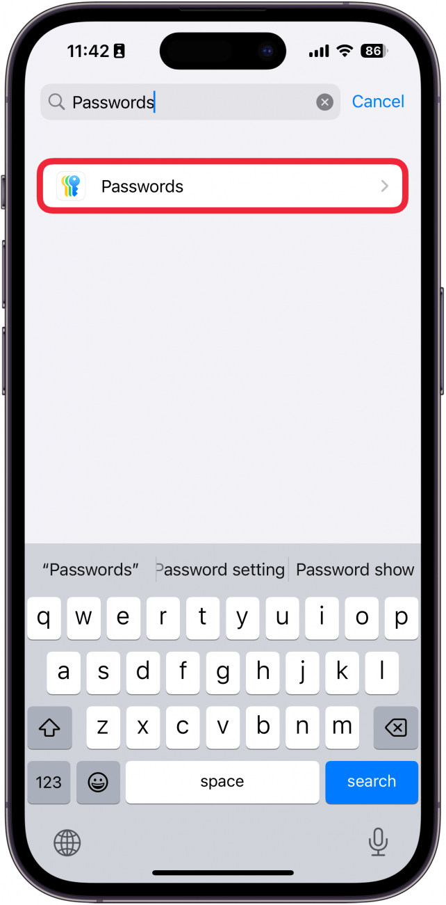 iphone settings app list with a red box around passwords app