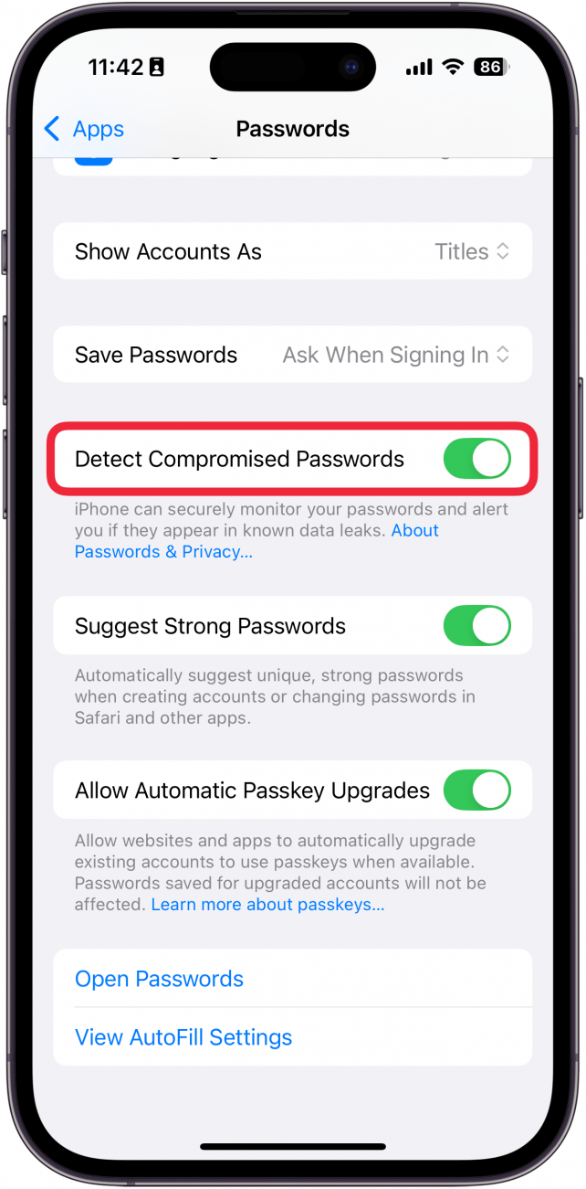 iphone security recommendations with detect compromised passwords toggle circled in red