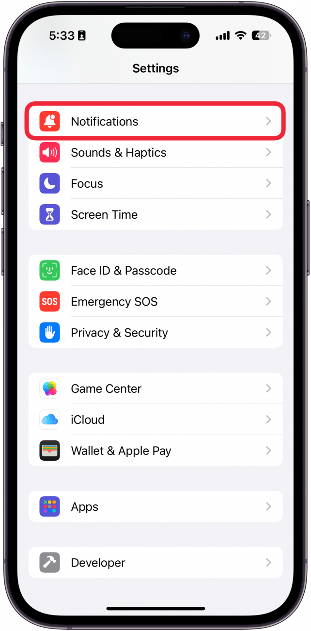 screenshot of the iphone settings app with a red box around notifications