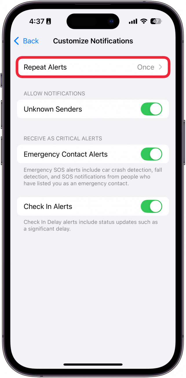 screenshot of iphone messages settings with a red box around repeat alerts