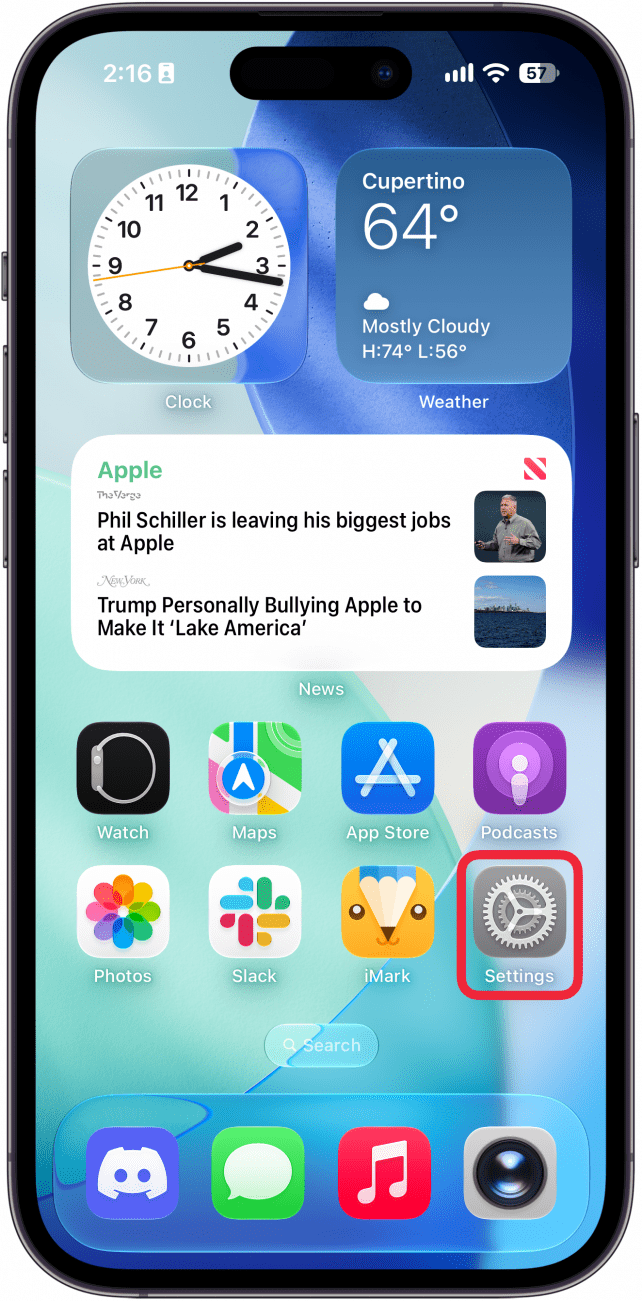 a screenshot of the iphone home screen with a red box around the settings app