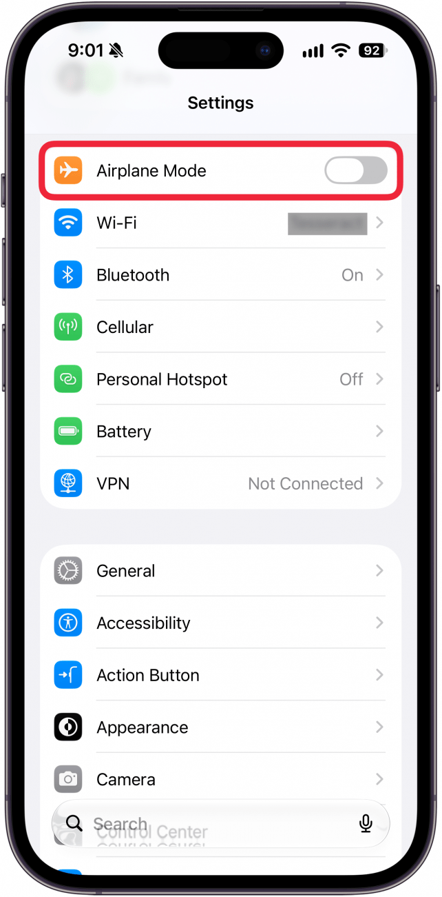 a screenshot of the settings app on iphone with a red box around the airplane mode toggle