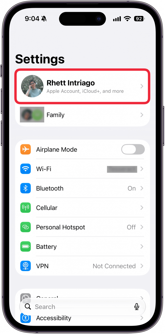 a screenshot of the settings app on iphone with a red box around the account name