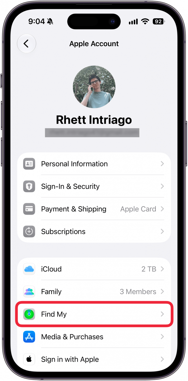 a screenshot of the apple account screen in the settings app on iphone with a red box around find my