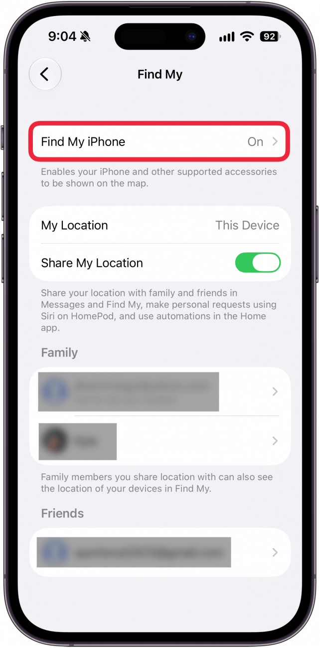a screenshot of find my settings on iphone with a red box around find my iphone