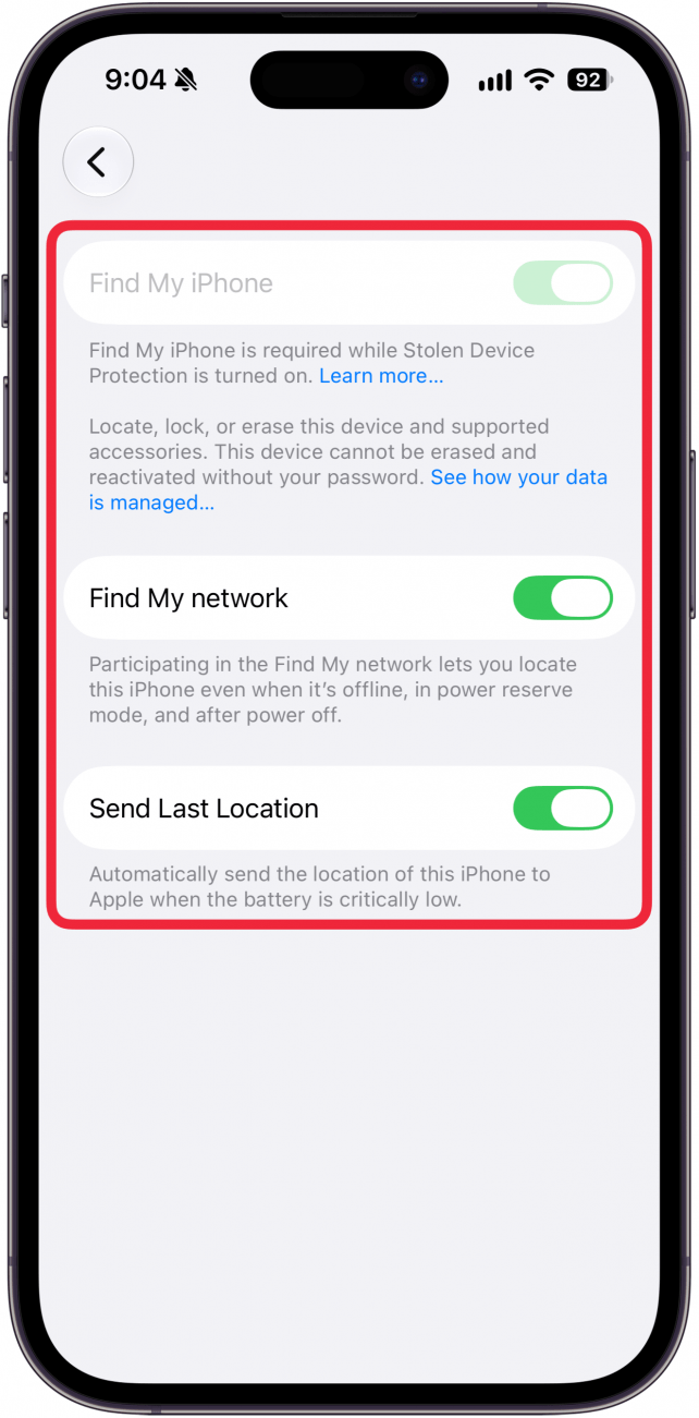 a screenshot of find my iphone settings on the iphone with a red box around the three toggles for find my iphone, find my network, and send last location