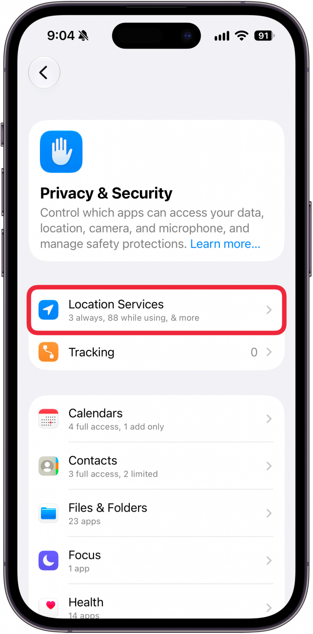 a screenshot of privacy and security settings on iphone with a red box around location services