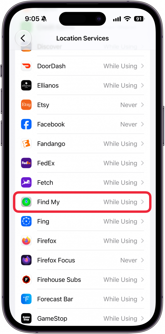 a screenshot of location services in iphone settings with a red box around find my
