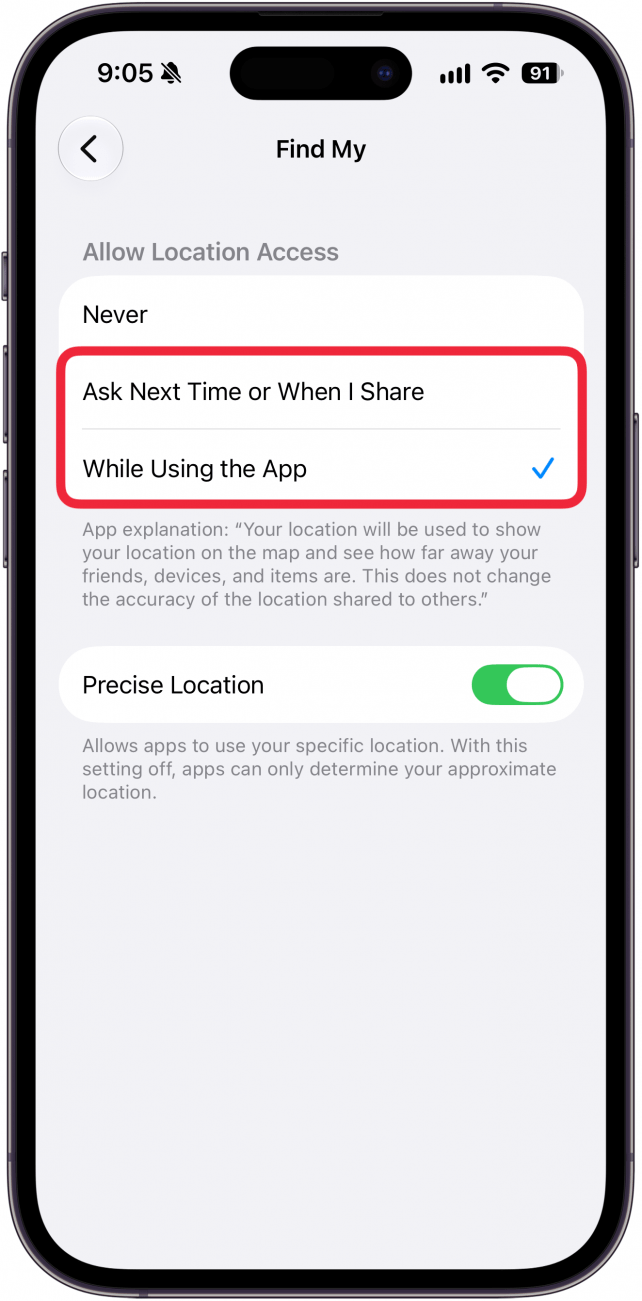 a screenshot of find my's location settings on iphone with a red box around ask next time or when i share and while using the app