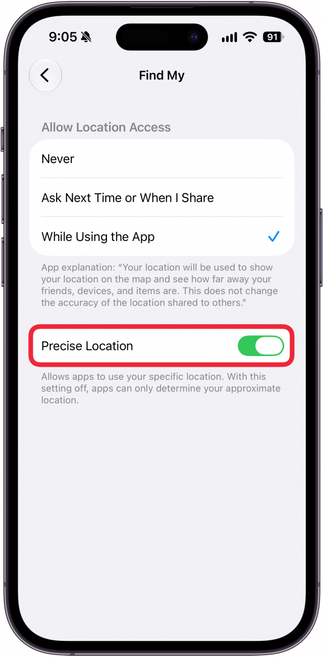 a screenshot of find my's location settings on iphone with a red box around the precise location toggle