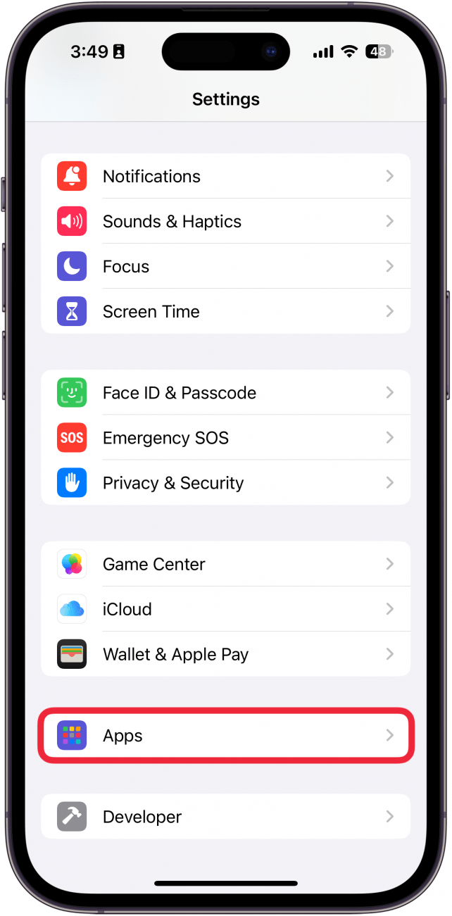 a screenshot of iphone settings app with a red box around apps