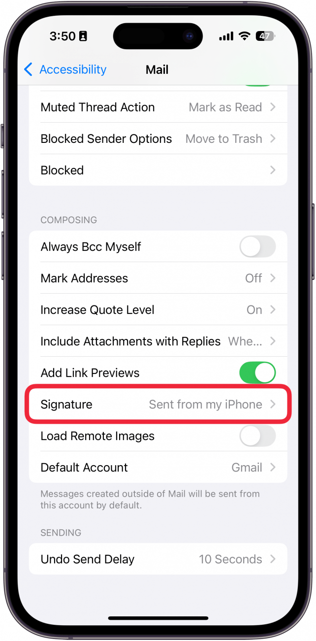 a screenshot of iphone mail settings with a red box around signature
