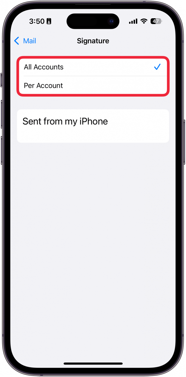 a screenshot of iphone email signature settings with a red box around the all accounts and per account options