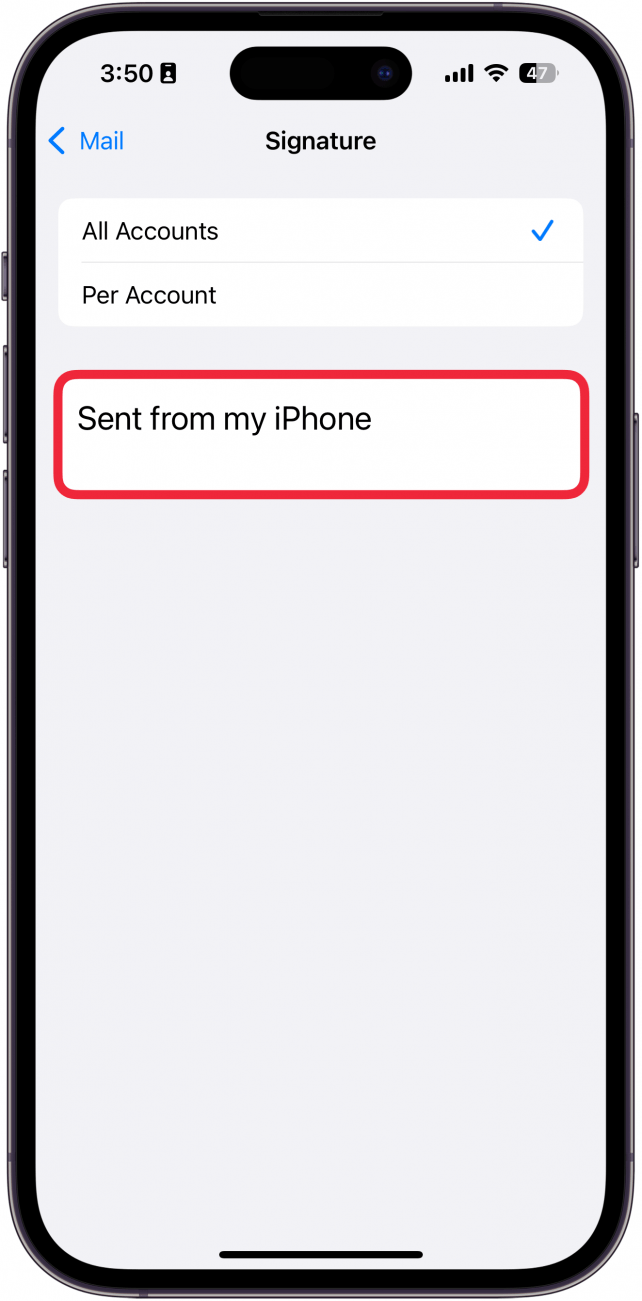 a screenshot of iphone email signature settings with a red box around the signature box