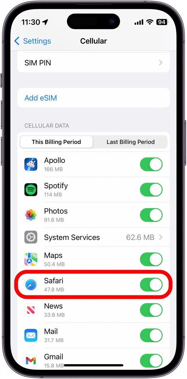 If the toggle is gray, that means cellular data is disabled for Safari. Tap it to turn it on.