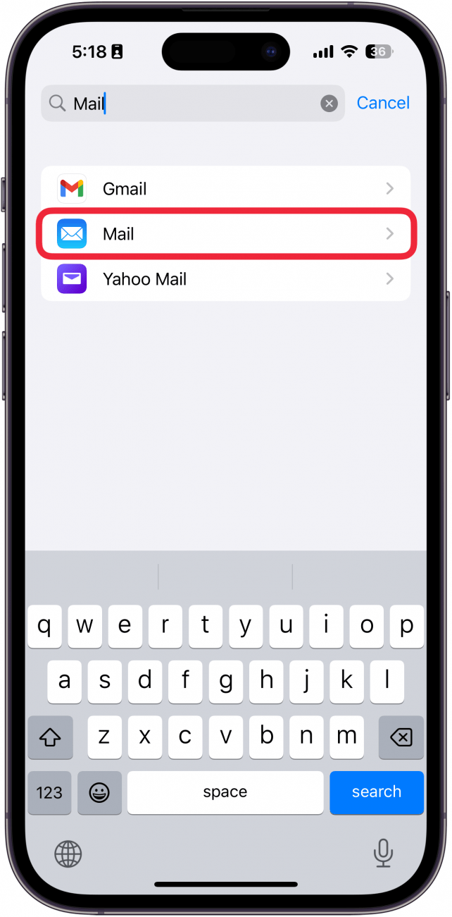 a screenshot of iphone settings displaying app list with a red box around mail app
