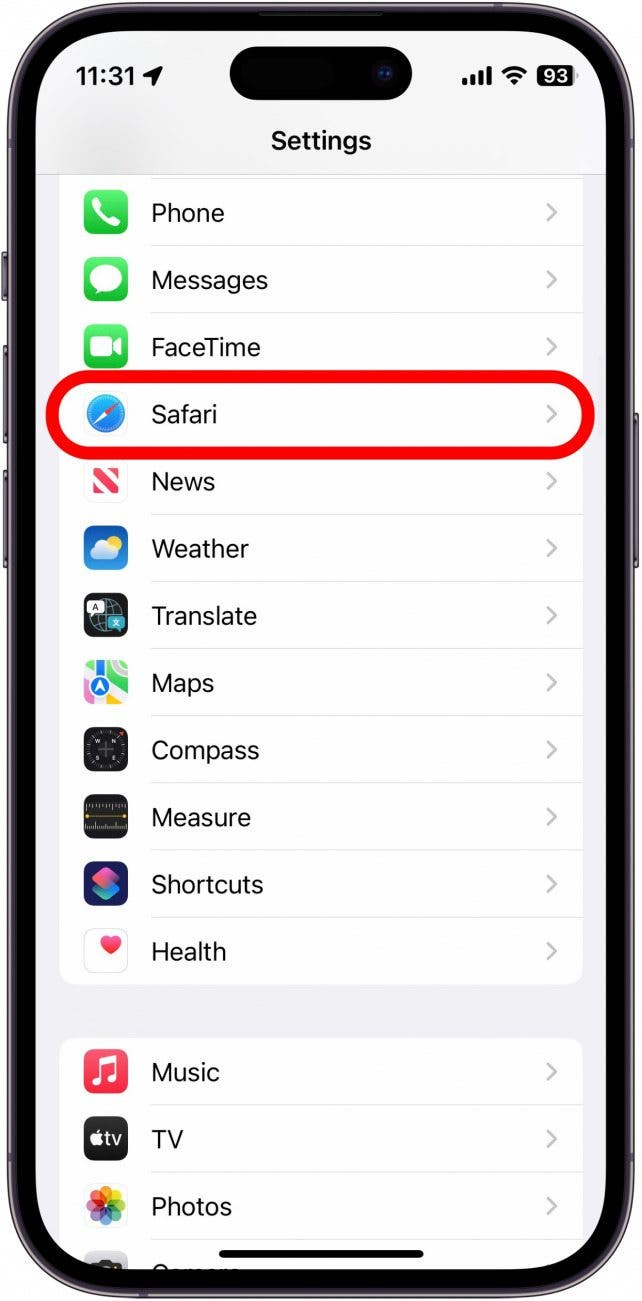Open the Settings app, scroll down, and tap Safari.