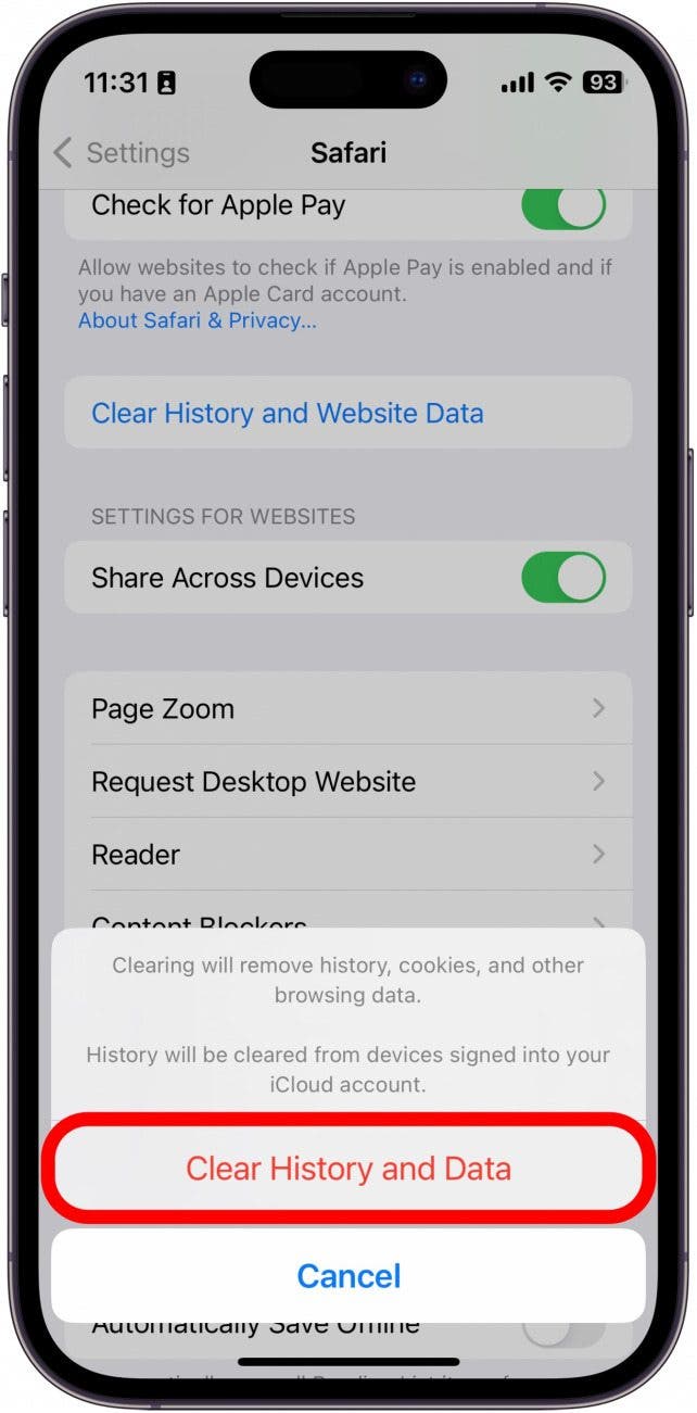 Tap Clear History and Data to confirm.