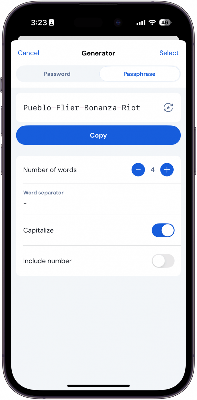 a screenshot of the bitwarden iphone app displaying a randomly generated password