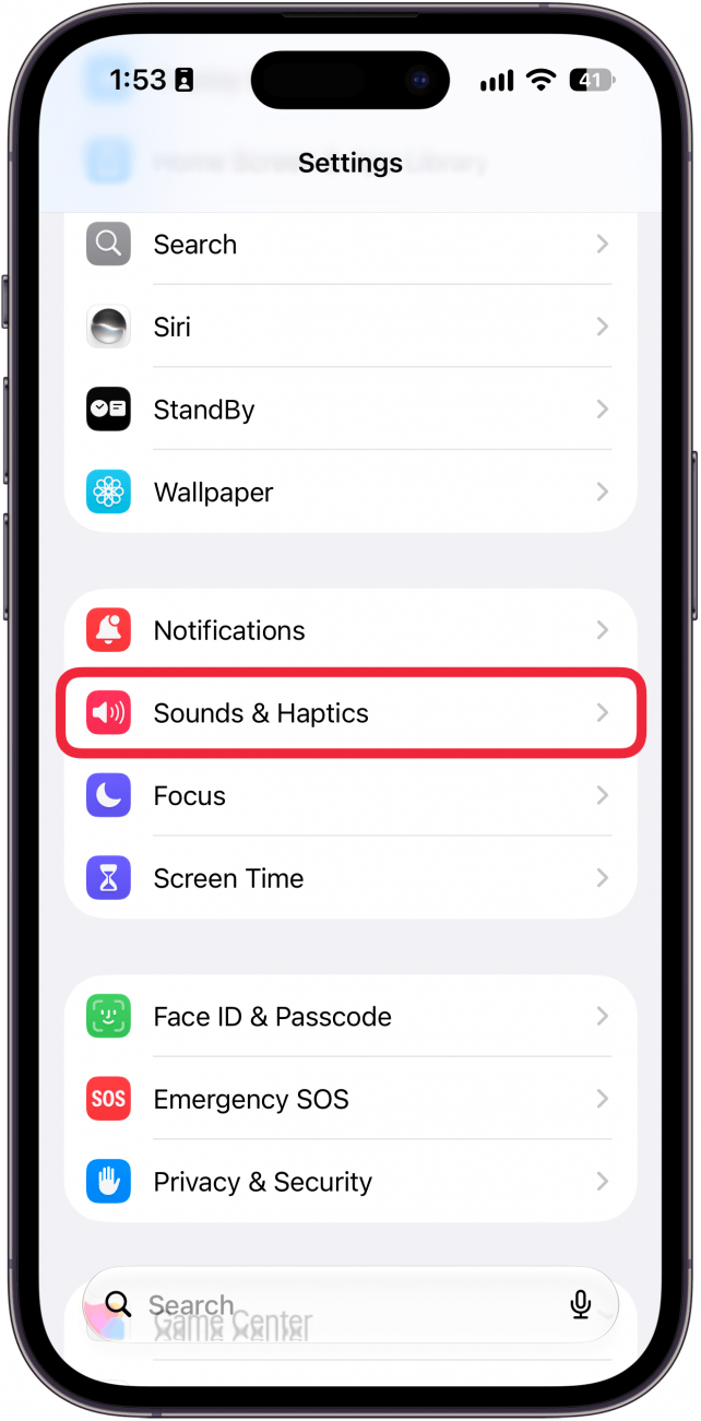 a screenshot of the settings app on iphone with a red box around sounds and haptics