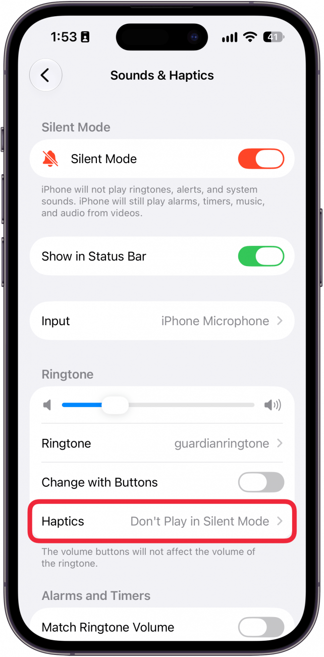 a screenshot of sound settings on iphone with a red box around haptics
