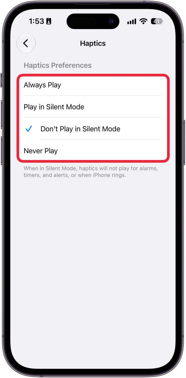 a screenshot of haptics settings on iphone with a red box around options for always, play in silent mode, don't play in silent mode, and never play