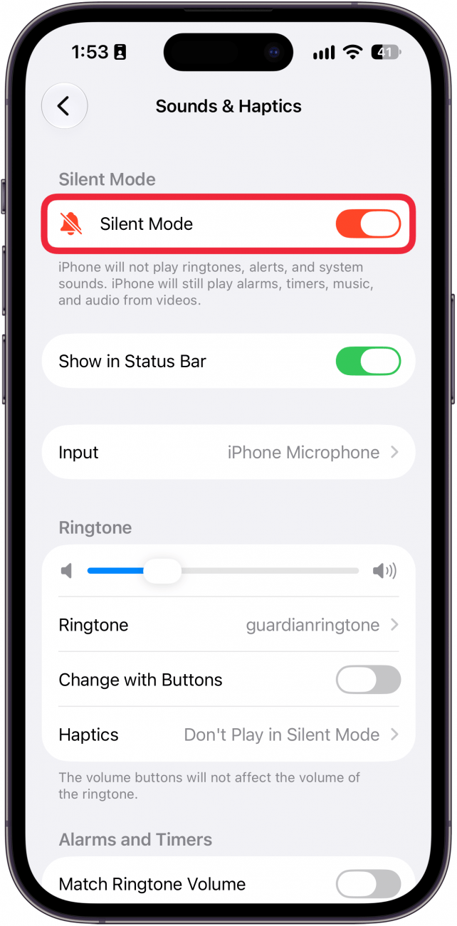 a screenshot of sound settings on iphone with a red box around the silent mode toggle