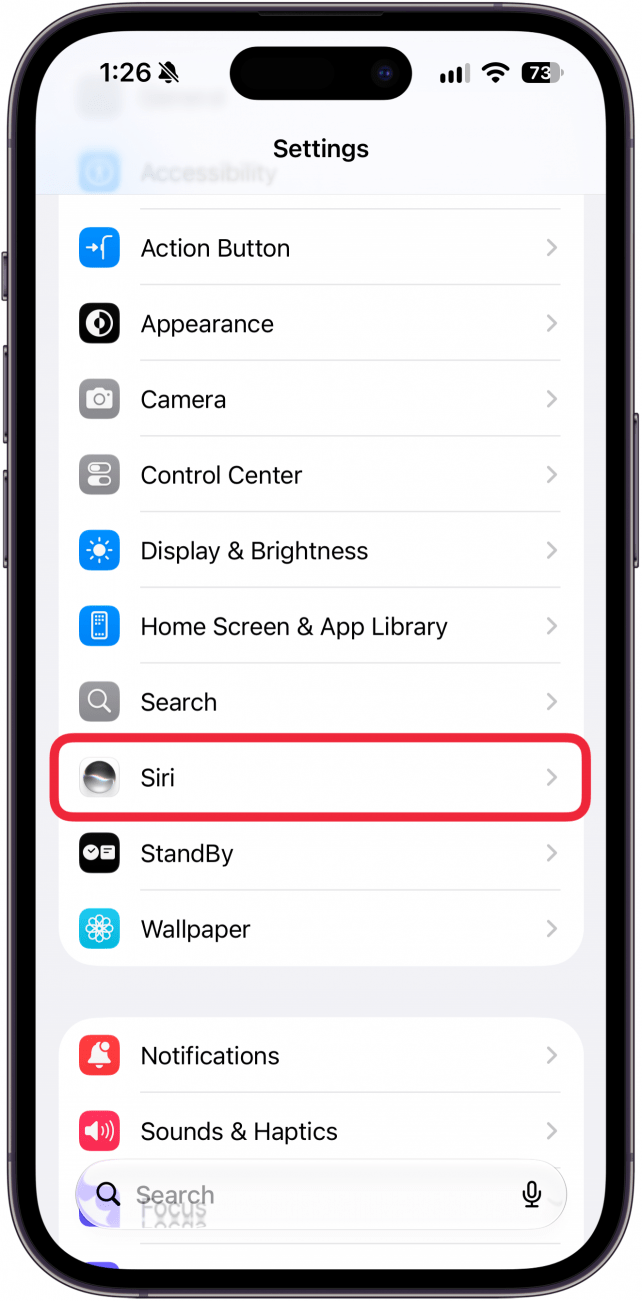 a screenshot of the settings app on iphone with a red box around siri