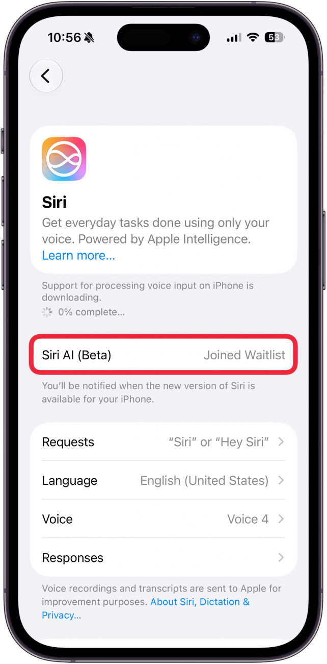 a screenshot of siri settings on iphone with a red box around the siri ai status which reads "joined waitlist"